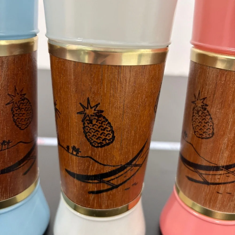 Vintage Siesta Ware Tiki Tumblers 6.5in Multi Color Genuine Mahogany Wood Set 4